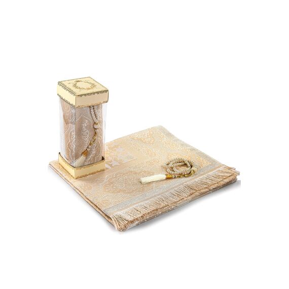 Muslimische Gebetspuppteppich und Gebetsperlen mit eleganter Geschenkbox | Janamaz | Sajadah | Weicher islamischer Gebetsteppich | Islamische Geschenke Set | Gebets Teppichmatte, Taft Stoff, Creme