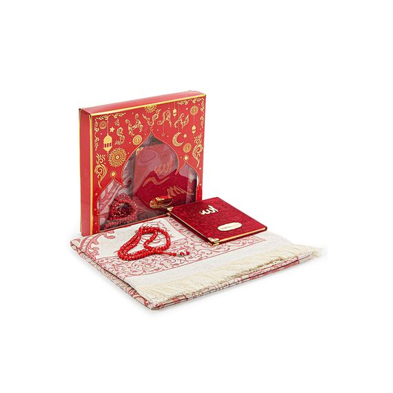 ihvan online Gebetsgeschenk Set für Männer und Frauen, Muslimischer Taft Gebetsteppich, Yaseen Buch, Salah Matte, Perlen Rosenkranz, Islamisches Geschenk für Ramadan & Eid & Mitgift, Rot