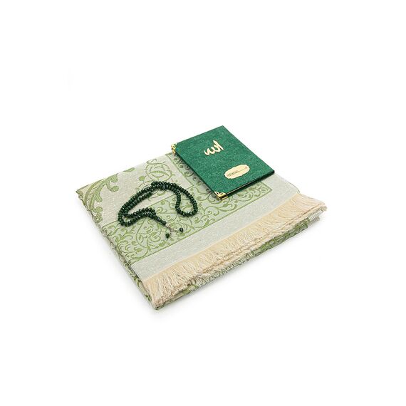 ihvan online Gebetsgeschenk Set für Männer und Frauen, Muslimischer Taft Gebetsteppich, Yaseen Buch, Salah Matte, Perlen Rosenkranz, Islamisches Geschenk für Ramadan & Eid & Mitgift, Grün