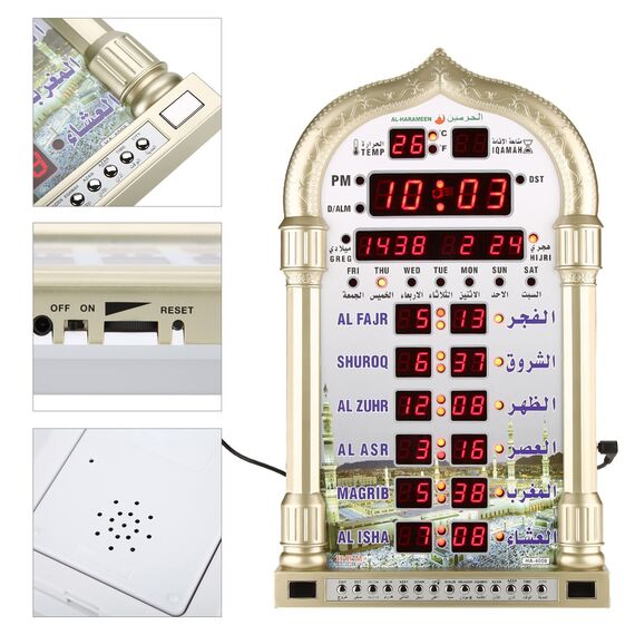 Muslimische Azan-Betten-Uhr für Moscheen, automatische digitale Gebetszeit Alarm-Erinnerung mit intelligenter Fernbedienung, Wanduhr für Zuhause, Masjid, Ramadan (EU-Stecker)