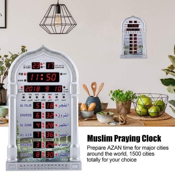 Belissy Automatische Muslimisch Islamische Azan Gebetsalarm Automatisch Muslimischer Gebetsalarm,Automatische muslimische islamische Betenuhr Azan Gebetsalarm EU-Stecker Silber Batterie ausgeschlossen