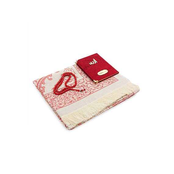 ihvan online Gebetsgeschenk Set für Männer und Frauen, Muslimischer Taft Gebetsteppich, Yaseen Buch, Salah Matte, Perlen Rosenkranz, Islamisches Geschenk für Ramadan & Eid & Mitgift, Rot