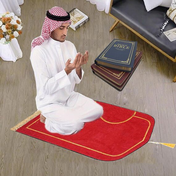 Dai Lufei Gebetsteppich-Set, muslimischer Gebetsteppich, dick und weich, Kaschmir-Imitat, lslamischer Gebetsteppich für Paare, Ramadan, Eid Bayram, islamisches Geschenk (Rotweiß, 80 x 140 cm)