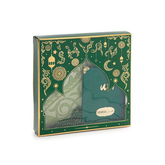ihvan online Gebetsgeschenk Set für Männer und Frauen, Muslimischer Taft Gebetsteppich, Yaseen Buch, Salah Matte, Perlen Rosenkranz, Islamisches Geschenk für Ramadan & Eid & Mitgift, Grün