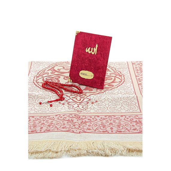 ihvan online Gebetsgeschenk Set für Männer und Frauen, Muslimischer Taft Gebetsteppich, Yaseen Buch, Salah Matte, Perlen Rosenkranz, Islamisches Geschenk für Ramadan & Eid & Mitgift, Rot
