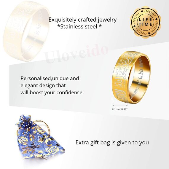 Uloveido Frauen Männer Gold Farbe Edelstahl Muslim Islamic Islamic Wide Band Ring mit Shahada in Arabisch und Englisch Y543