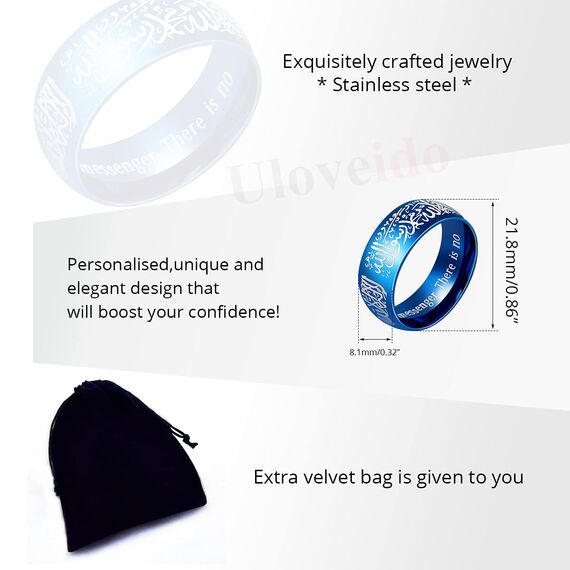 Uloveido 8mm Schwarzer Blauer Goldener Edelstahl Islamischer Muslimischer Muhammad Shahada Arabischer Gott Allah Botschafter Ring für Männer Jungen. (Blau, 17.5)