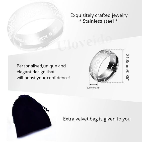 Uloveido 8mm Schwarzer Blauer Goldener Edelstahl Islamischer Muslimischer Muhammad Shahada Arabischer Gott Allah Botschafter Ring für Männer Jungen. (Weiß, 19.75)