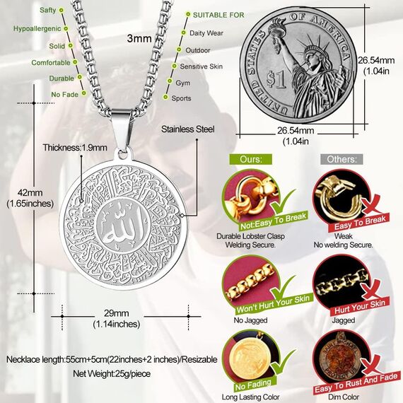 cxwind Allah-Kette, rund, muslimisch, Allah, arabischer Anhänger, Halskette für Männer und Frauen, Boxkette, Edelstahl, Shahada, Islam, Koran, Schmuck, Geschenk für Ihn (01), Edelstahl