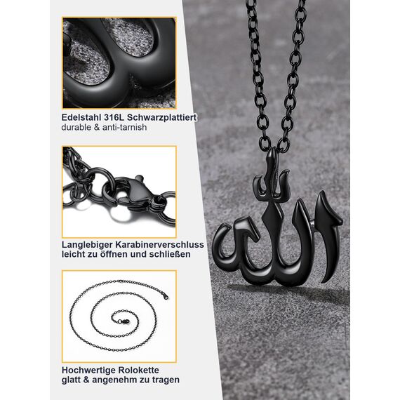 U7 Herren Halskette Allah Edelstahl Anhänger Islam Kette Allah Anhänger Schwarz Islam Koran Ayatul Kursi Halskette Allah Kette Muslimische Arabisch Kettenanhänger Amulett Modeschmuck für Jahrestag