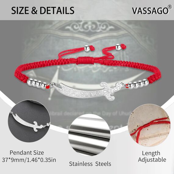 VASSAGO Zulfiqar Armband für Frauen Männer Edelstahl Imam Ali Schwert Anhänger Islamisches arabisches Geflochtenes Seil-Schnur Islam Muslimischer Schmuck (String-R-S)