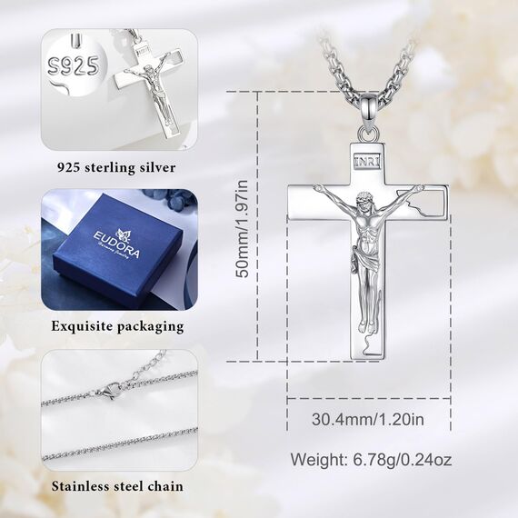 EUDORA Harmony Ball Sterling Silber S925 Kreuz Kette Mit Bibelvers für Damen Herren,Kruzifix Halskette Jesus Kreuz Anhänger Glaube Schmuck Christlicher Geschenk für Herren Frauen, 22"+2"