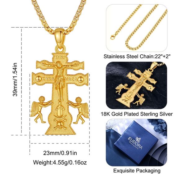EUDORA Harmony Ball 18K Gold Caravaca Kreuz Kette für Damen Herren Sterling Silber 925, Amulett Caravaca Kreuz Halskette Anhänger für Gläubiger Christ Schmuck Geschenk für Frauen Herren, 22+2 Zoll