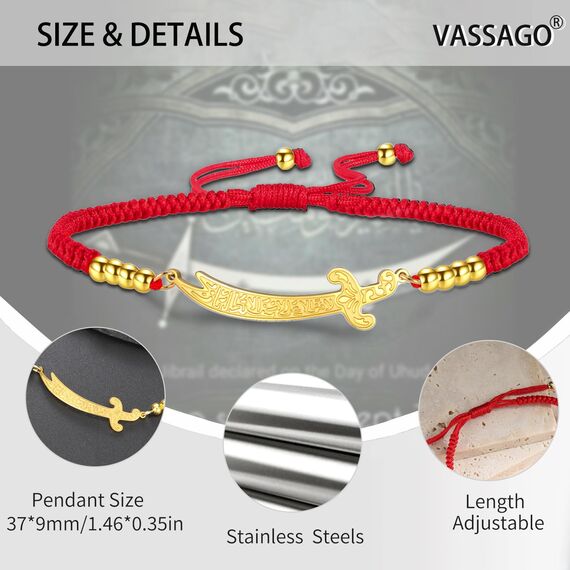 VASSAGO Zulfiqar Armband für Frauen Männer Edelstahl Imam Ali Schwert Anhänger Islamisches arabisches Geflochtenes Seil-Schnur Islam Muslimischer Schmuck (String-R-G)
