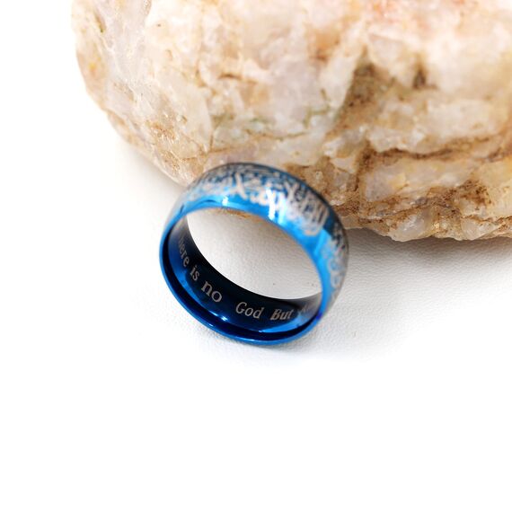 Uloveido 8mm Schwarzer Blauer Goldener Edelstahl Islamischer Muslimischer Muhammad Shahada Arabischer Gott Allah Botschafter Ring für Männer Jungen. (Blau, 17.5)