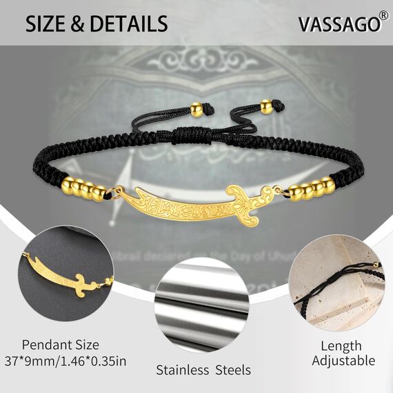 VASSAGO Zulfiqar Armband für Frauen Männer Edelstahl Imam Ali Schwert Anhänger Islamisches arabisches Geflochtenes Seil-Schnur Islam Muslimischer Schmuck (String-B-G)