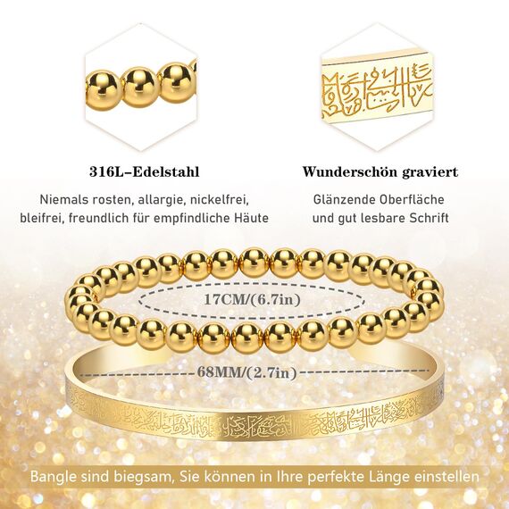 2 Stück islamische Armband für Frauen mit Ayatul Kursi - Arabische Allah Perlen Stacking Armreifen Quaran Tasbih religiösen Schutz Islam Eid Ramadan Schmuck muslimische Geschenke (Gold-Öffnen)