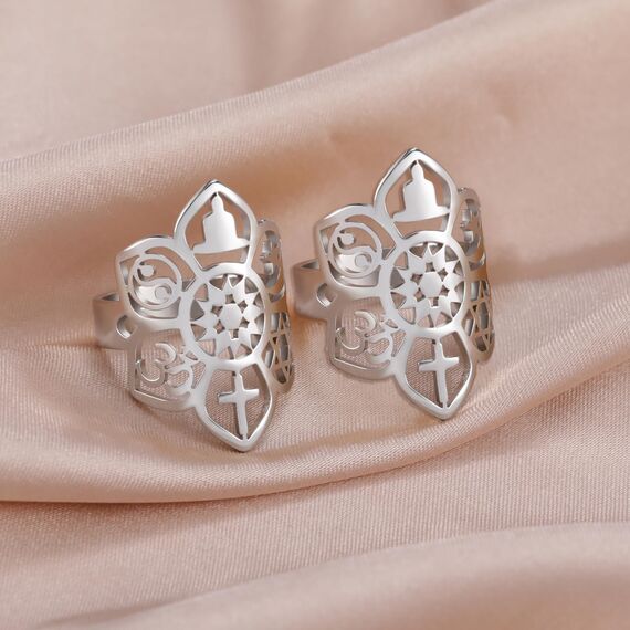 VASSAGO Lotusblume Verstellbarer Ring Coexist Om Kreuz Islam Stern Mond Davidstern Yin Yang Yoga Ring für Frauen Gilrs Religiöser Schmuck Geschenk