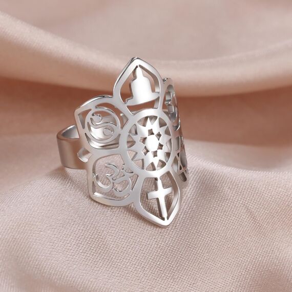VASSAGO Lotusblume Verstellbarer Ring Coexist Om Kreuz Islam Stern Mond Davidstern Yin Yang Yoga Ring für Frauen Gilrs Religiöser Schmuck Geschenk