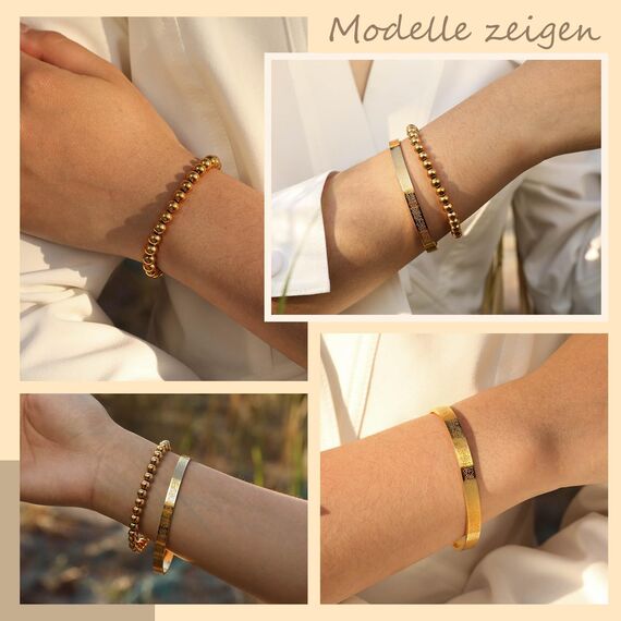 2 Stück islamische Armband für Frauen mit Ayatul Kursi - Arabische Allah Perlen Stacking Armreifen Quaran Tasbih religiösen Schutz Islam Eid Ramadan Schmuck muslimische Geschenke (Gold-Öffnen)