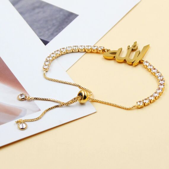 JunyiDIY Goldvergoldetes Allah Tennisarmband für den Islam, funkelnde Zirkonia-Kristallkette Schutz Glücksbringer-Schmuck für Frauen beste Freundin Schwestern zum Geburtstag Freundschaftsgeschenk