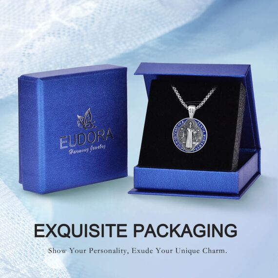 EUDORA Harmony Ball Kette Heiliger Benedikt Medaille für Damen Herren Sterling Silber S925, Hl. Benedikt Medaillon Halskette Anhänger Amulett Schmuck Religion Geschenk für Frauen Herren, 20"+24"