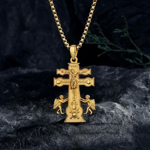 EUDORA Harmony Ball 18K Gold Caravaca Kreuz Kette für Damen Herren Sterling Silber 925, Amulett Caravaca Kreuz Halskette Anhänger für Gläubiger Christ Schmuck Geschenk für Frauen Herren, 22+2 Zoll