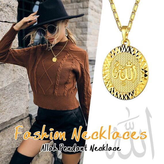 U7 Damen Halskette mit Allah Anhänger - Islam Kette Surah Koran Muslim Amulett - Gold Collier - Religiöse Kettenanhänger - Schmuck für Geburtstag