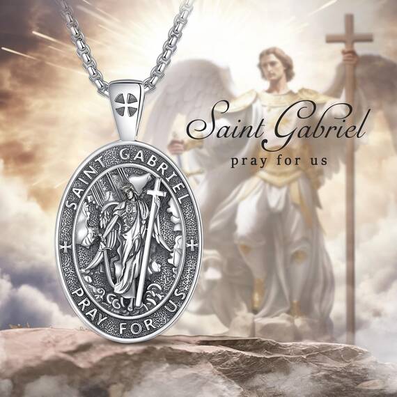 EUDORA Harmony Ball Erzengel Gabriel Kette Medaille für Damen Herren Sterling Silber 925,Heiliger ST. Gabriel Halskette Anhänger Christlicher Islam Schmuck Geschenke für Frauen Herren,61CM+ 51CM