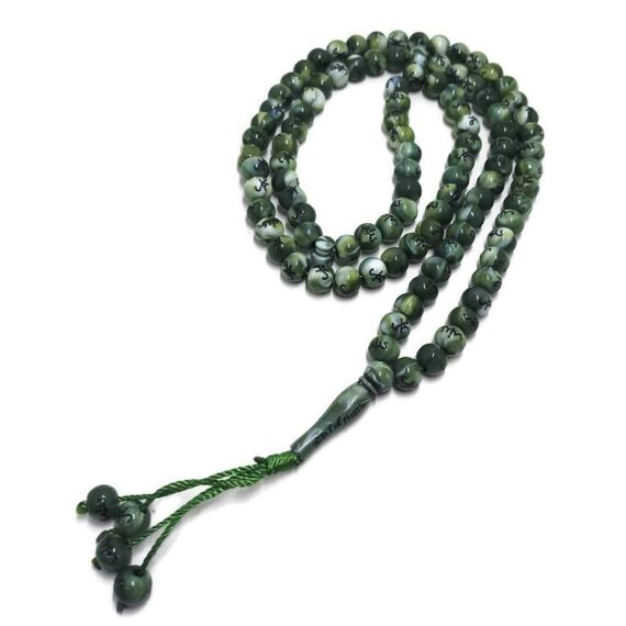 Muslimische Tasbih 99 Rosay Perlen AMN-184 Islam Gebet Dhikr Misbaha mit Allah Muhammad Namen graviert auf islamischer Religion Eid Ramadan Geschenk (grün)