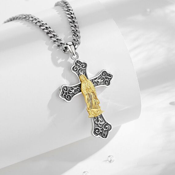 EUDORA Harmony Ball Kette Kreuz der Heilige Maria Jungfrau von Guadalupe Kreuz Sterling Silber S925 Jungfrau Maria Kreuz Halskette Our Lady of Guadalupe Anhänger Schmuck für Frauen Herren, 22"