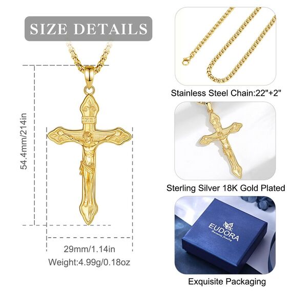 EUDORA Harmony Ball Kreuz Kette für Damen Herren Sterling Silber S925 18K Vergoldet,Kruzifix Halskette Jesus Kreuz Anhänger Glaube Schmuck Christlicher Geschenk für Herren Frauen Mutter, 22"+2"