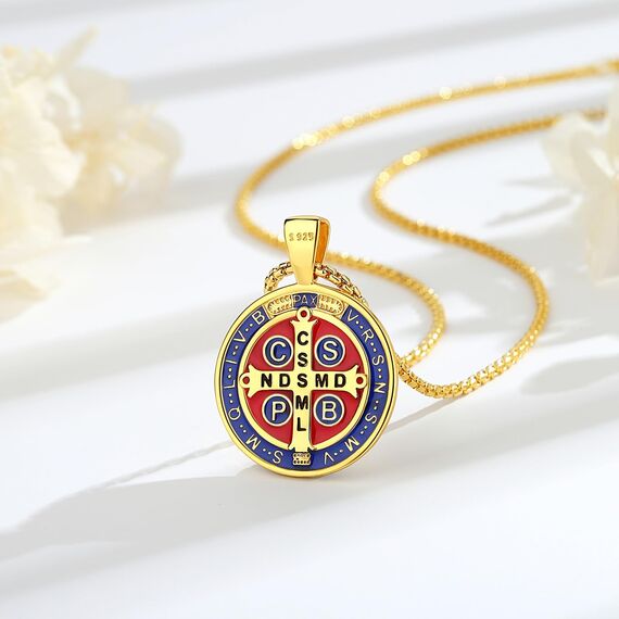 EUDORA Harmony Ball Heiliger Benedikt Kette Medaille für Damen Herren 18K Vergoldetes Sterling Silber, St. Hl. Benedikt Halskette Anhänger Amulett Schmuck Religion Geschenk für Frauen Herren, 22"+2"