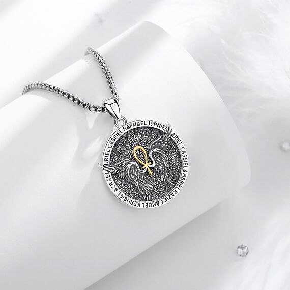 EUDORA Schutzamulett Siegel der 7 Erzengel Michael Ankh Kette Damen Herren Sterling Silber 925, Erzengel Michael Amulett Halskette Christlicher Anhänger Runen Schmuck Geschenk Frauen Männer, 60CM