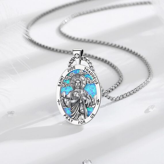 EUDORA Harmony Ball ST. Judas Thaddäus Kette Medaille für Damen Herren Sterling Silber 925 Mit Blau Opal, Heilige Judas Thaddäus Anhänger Christlicher Katholisch Schmuck Geschenke für Frauen,61CM