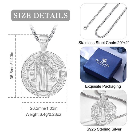 EUDORA Harmony Ball Heiliger Benedikt Kette Medaille für Damen Herren Sterling Silber 925, Hl. St. Benedikt Halskette Amulett Anhänger Christlicher Schmuck, Geschenke für Frauen Herren, 20Zoll +2Zoll
