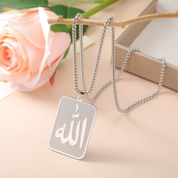 VASSAGO Allah Halskette Islamisch Muslimisch Arabisch Allah Anhänger Halskette Edelstahl Halsketten Islam Eid Ramadan Religiöser Schmuck Geschenke für Frauen Männer (Silber)