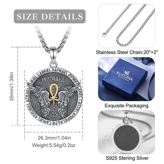 EUDORA Schutzamulett Siegel der 7 Erzengel Michael Ankh Kette Damen Herren Sterling Silber 925, Erzengel Michael Amulett Halskette Christlicher Anhänger Runen Schmuck Geschenk Frauen Männer, 60CM