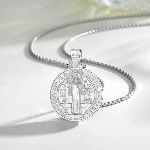 EUDORA Harmony Ball Heiliger Benedikt Kette Medaille für Damen Herren Sterling Silber 925, Hl. St. Benedikt Halskette Amulett Anhänger Christlicher Schmuck, Geschenke für Frauen Herren, 20Zoll +2Zoll
