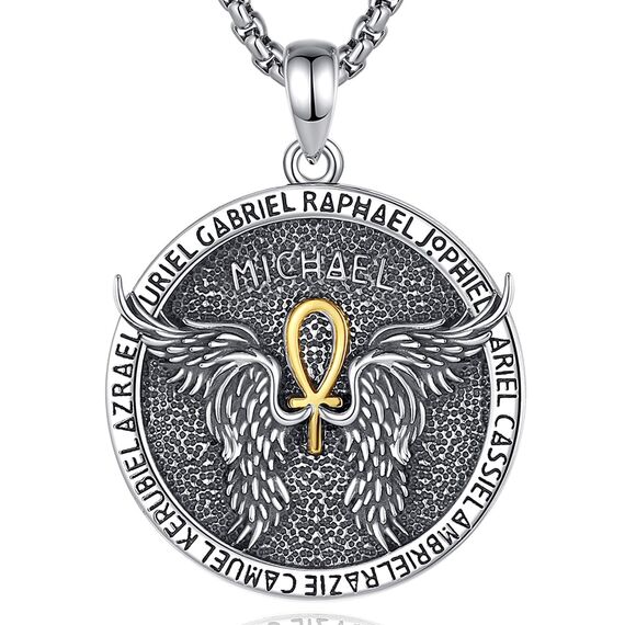 EUDORA Schutzamulett Siegel der 7 Erzengel Michael Ankh Kette Damen Herren Sterling Silber 925, Erzengel Michael Amulett Halskette Christlicher Anhänger Runen Schmuck Geschenk Frauen Männer, 60CM