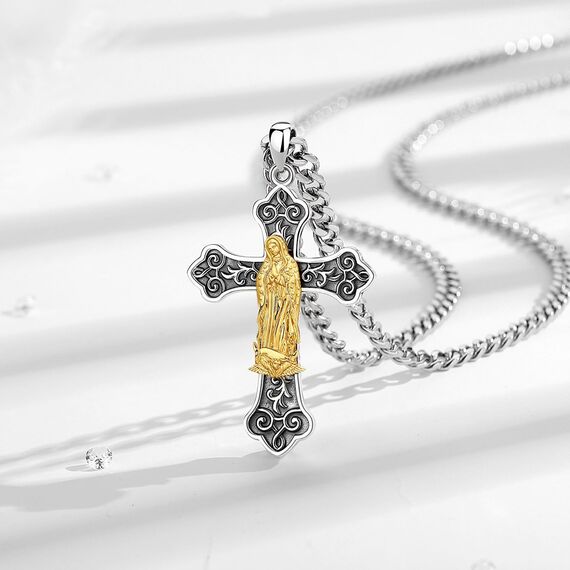 EUDORA Harmony Ball Kette Kreuz der Heilige Maria Jungfrau von Guadalupe Kreuz Sterling Silber S925 Jungfrau Maria Kreuz Halskette Our Lady of Guadalupe Anhänger Schmuck für Frauen Herren, 22"