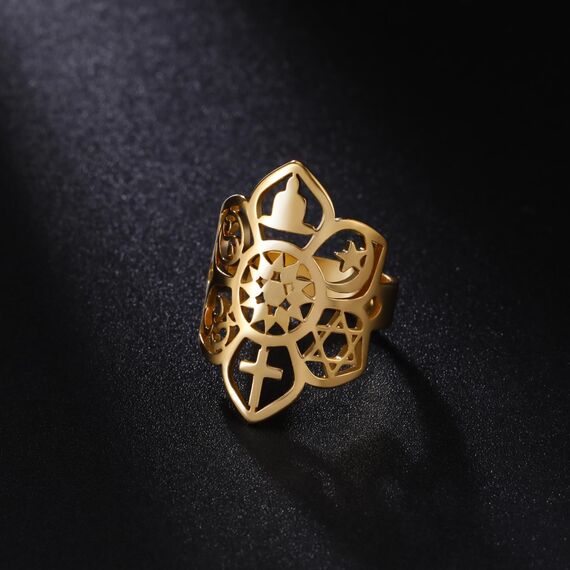 VASSAGO Lotusblume Verstellbarer Ring Coexist Om Kreuz Islam Stern Mond Davidstern Yin Yang Yoga Ring für Frauen Gilrs Religiöser Schmuck Geschenk