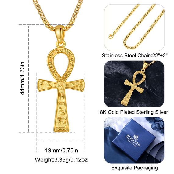 EUDORA Harmony Ball 18K Gold Ankh Kreuz Kette für Damen Herren Sterling Silber 925, Antikes Ägypten Anch Kreuz des Lebens Amulett Energie Anhänger Halskette Schmuck Geschenk für Herren Frauen, 22Zoll