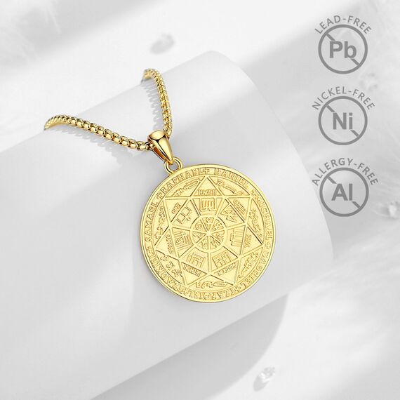 EUDORA Schutzamulett Siegel der 7 Erzengel Kette Damen Herren Sterling Silber 18K Vergoldet, 7 Erzengel Michael Amulett Halskette Christlicher Anhänger Runen Schmuck Geschenk Frauen Männer, 22"+2"