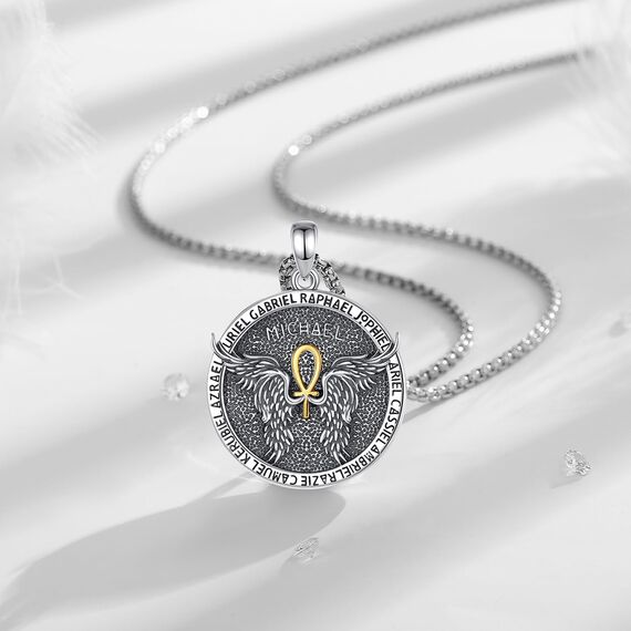 EUDORA Schutzamulett Siegel der 7 Erzengel Michael Ankh Kette Damen Herren Sterling Silber 925, Erzengel Michael Amulett Halskette Christlicher Anhänger Runen Schmuck Geschenk Frauen Männer, 60CM