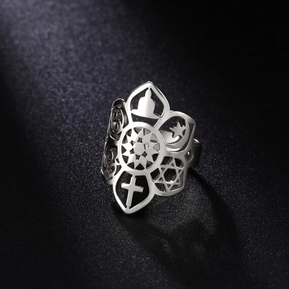 Verstellbarer Ring mit Lotusblüte, Om, Kreuz, Islam, Stern, Mond, Davidstern, Yin Yang, Yoga-Ring für Frauen, Mädchen, religiöser Schmuck, Geschenk, Edelstahl