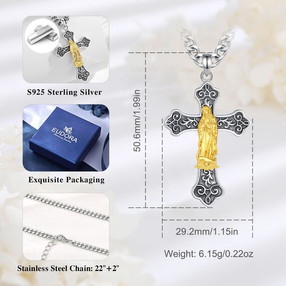 EUDORA Harmony Ball Kette Kreuz der Heilige Maria Jungfrau von Guadalupe Kreuz Sterling Silber S925 Jungfrau Maria Kreuz Halskette Our Lady of Guadalupe Anhänger Schmuck für Frauen Herren, 22"