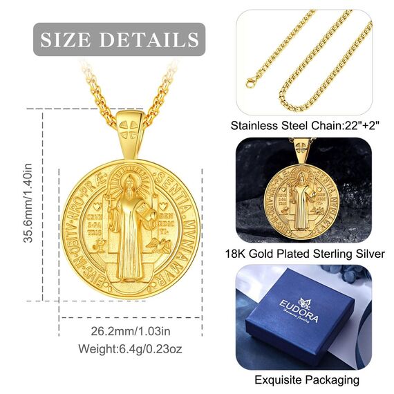 EUDORA Harmony Ball Heiliger Benedikt Kette Medaille für Damen Herren 18K Vergoldetes Sterling Silber, St. Benedikt Halskette Amulett Anhänger Christlicher Schmuck, Geschenke für Frauen Männer, 55CM