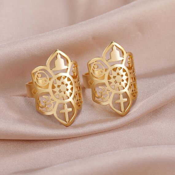 VASSAGO Lotusblume Verstellbarer Ring Coexist Om Kreuz Islam Stern Mond Davidstern Yin Yang Yoga Ring für Frauen Gilrs Religiöser Schmuck Geschenk