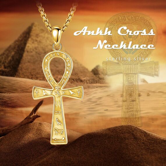 EUDORA Harmony Ball 18K Gold Ankh Kreuz Kette für Damen Herren Sterling Silber 925, Antikes Ägypten Anch Kreuz des Lebens Amulett Energie Anhänger Halskette Schmuck Geschenk für Herren Frauen, 22Zoll